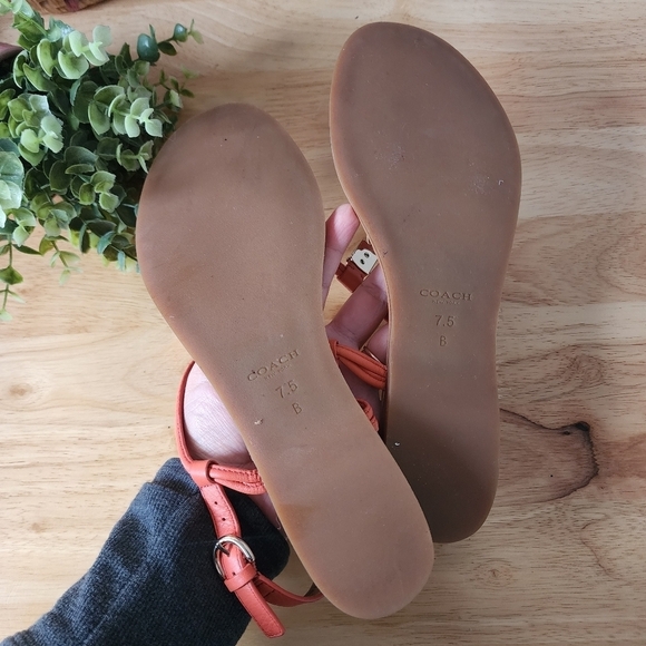 Coach Charleen Tstrap Orange Leather Slingback Flat Sandal Gold Accent Summer - Picture 8 of 9